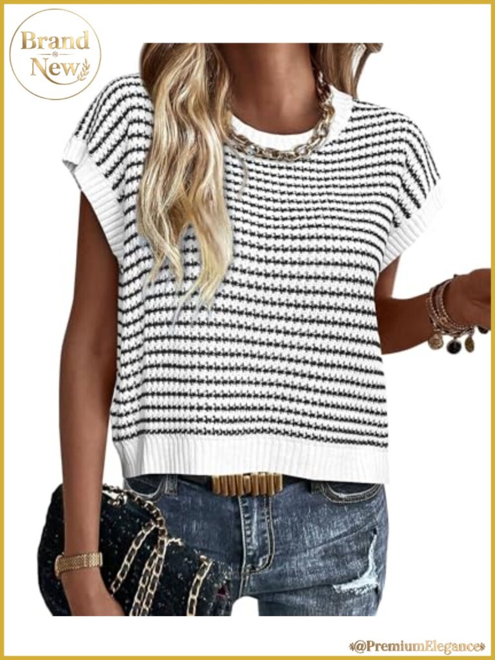 Women's Striped Cap Sleeve Sweater Vest Knit Pullover Cotton Lightweight